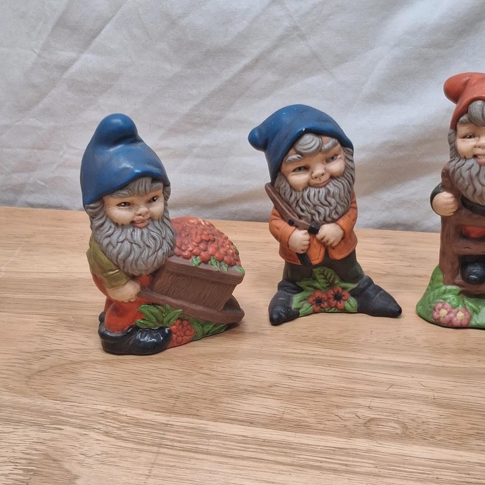 Vintage Ceramic Garden Gnomes / Dwarfs Set Of 6 Hand Painted Pixie Girl Boy READ - Picture 2 of 16